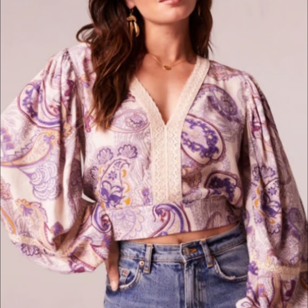 NWT Band Of The Free Paisley Crop Top Purple Cream Women’s Large - Picture 1 of 5